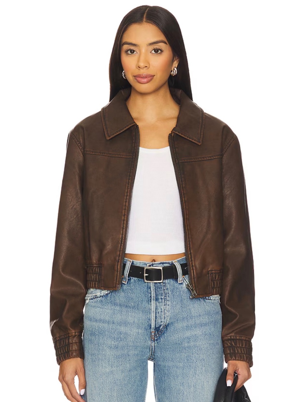 Unreal Fur Revolve Chocolate Brown Game Changer Faux Leather Collared Jacket NWT